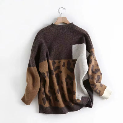 2023 Women Leopard Sweater and Pullovers O-Neck Long Sleeve Vintage Knitted Women Sweater Autumn Pullovers Tricot Pull Femme