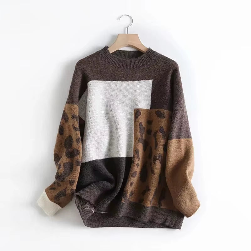 2023 Women Leopard Sweater and Pullovers O-Neck Long Sleeve Vintage Knitted Women Sweater Autumn Pullovers Tricot Pull Femme