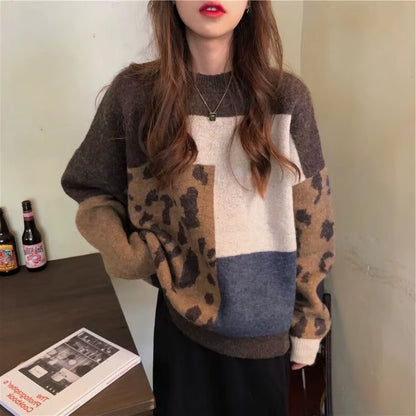 2023 Women Leopard Sweater and Pullovers O-Neck Long Sleeve Vintage Knitted Women Sweater Autumn Pullovers Tricot Pull Femme